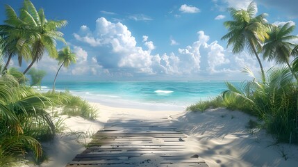 Tranquil beach with clear and calm sea and velvety white sand, sun loungers and umbrellas, suitable as a background photo for a summer vacation. Generative ai	