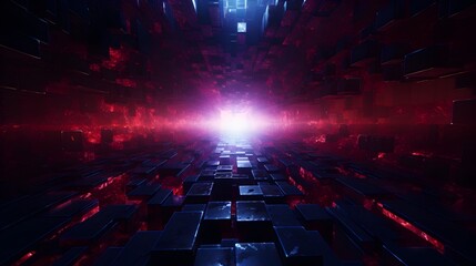 Delve into the depths of a dark and futuristic digital world, where blue data blocks pulsate with energy amidst the crimson glow of red light, creating a captivating abstract technology background