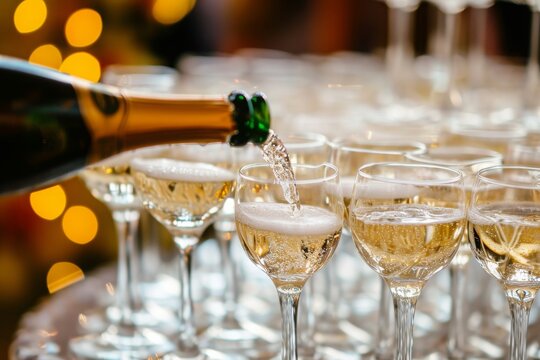 A photo capturing the moment champagne is being elegantly poured into wine glasses placed on a tray, Champagne being poured for a wedding toast in crystal glasses, AI Generated