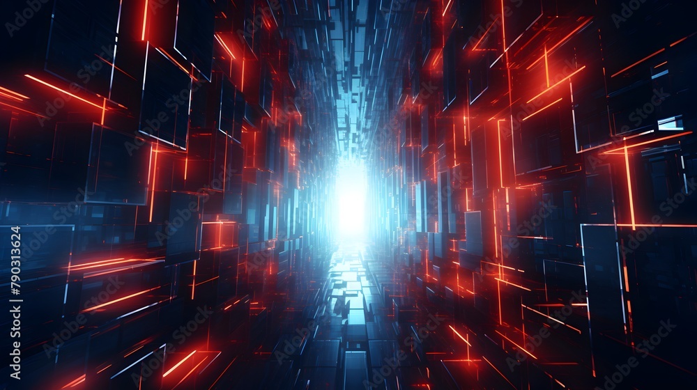 Poster delve into the depths of a dark and futuristic digital world, where blue data blocks pulsate with en