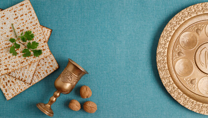 Golden plate for Seder Pesach (Jewish Passover holiday) (with the inscriptions: egg, shankbone,...