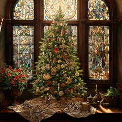 Christmas Tree Card: The centrepiece of this card is a beautifully decorated Christmas tree adorned with sparkling lights, colourful ornaments, and a shining star on top. Ai generated