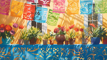 easter eggs and tulips, A close-up view of acolorful papel picado banner swaying gently in the breeze, casting intricate shadows on a sunlit patio.
