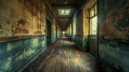Fototapeta na wymiar The corridor of the old mental hospital stretches out before you like a twisted labyrinth of forgotten nightmares. Each step sends a shiver down your spine as the air grows thick with the scent