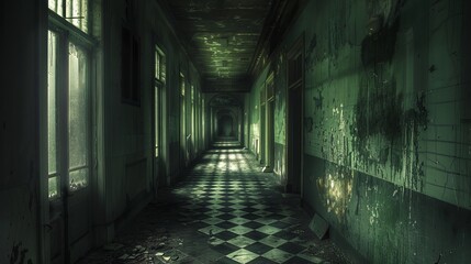 The corridor of the old mental hospital stretches out before you like a twisted labyrinth of forgotten nightmares. Each step sends a shiver down your spine as the air grows thick with the scent - obrazy, fototapety, plakaty