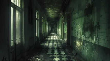 Fotobehang The corridor of the old mental hospital stretches out before you like a twisted labyrinth of forgotten nightmares. Each step sends a shiver down your spine as the air grows thick with the scent © Vuqar