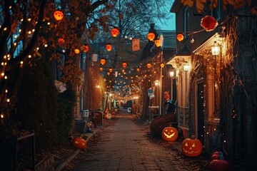 A festive street scene adorned with pumpkins and lanterns in celebration of Halloween, Charmingly...
