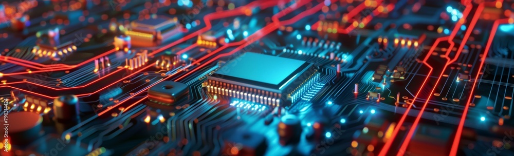 Poster A new powerful mobile processor. In the image, you can see a detailed view of the processor, which is located on an electronic chip used to process information in modern devices