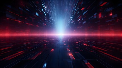  Delve into the depths of a dark and futuristic digital world, where blue data blocks pulsate with energy amidst the crimson glow of red light, creating a captivating abstract technology background