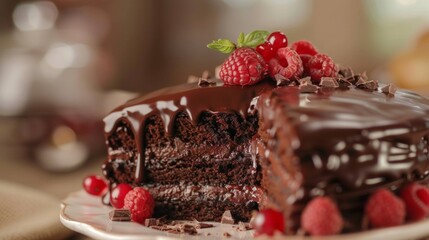 Chocolate cake topped with raspberries