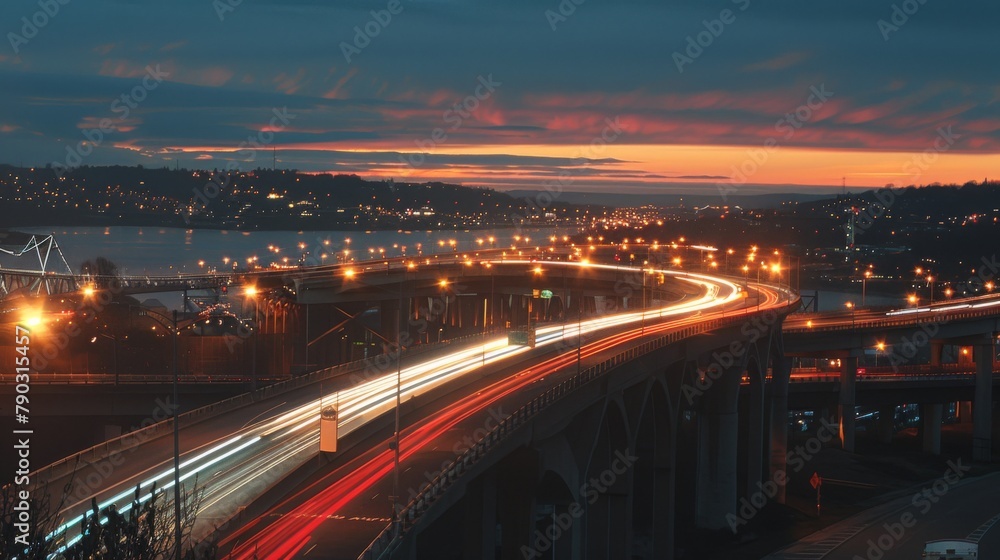 Poster bridge traffic: vehicles streak across a busy bridge, their lights creating a vibrant streak of move