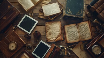 An array of antique scientific literature and modern digital tablets spread across a wooden table, symbolizing the evolution of educational tools in science, warm sepia tones - obrazy, fototapety, plakaty