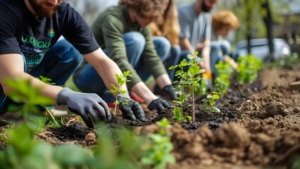 Eco-Friendly Team Cultivating Green Spaces. Concept Eco-friendly practices, team building activities, sustainable gardening, green initiatives, environmental consciousness - obrazy, fototapety, plakaty