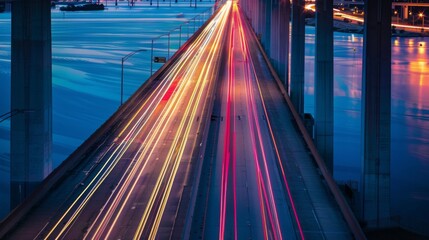 Bridge traffic: Vehicles streak across a busy bridge, their lights creating a vibrant streak of movement against the backdrop of dusk. - obrazy, fototapety, plakaty
