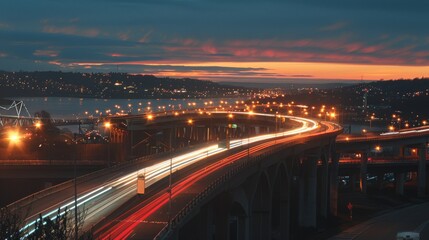 Fototapeta na wymiar Bridge traffic: Vehicles streak across a busy bridge, their lights creating a vibrant streak of movement against the backdrop of dusk.