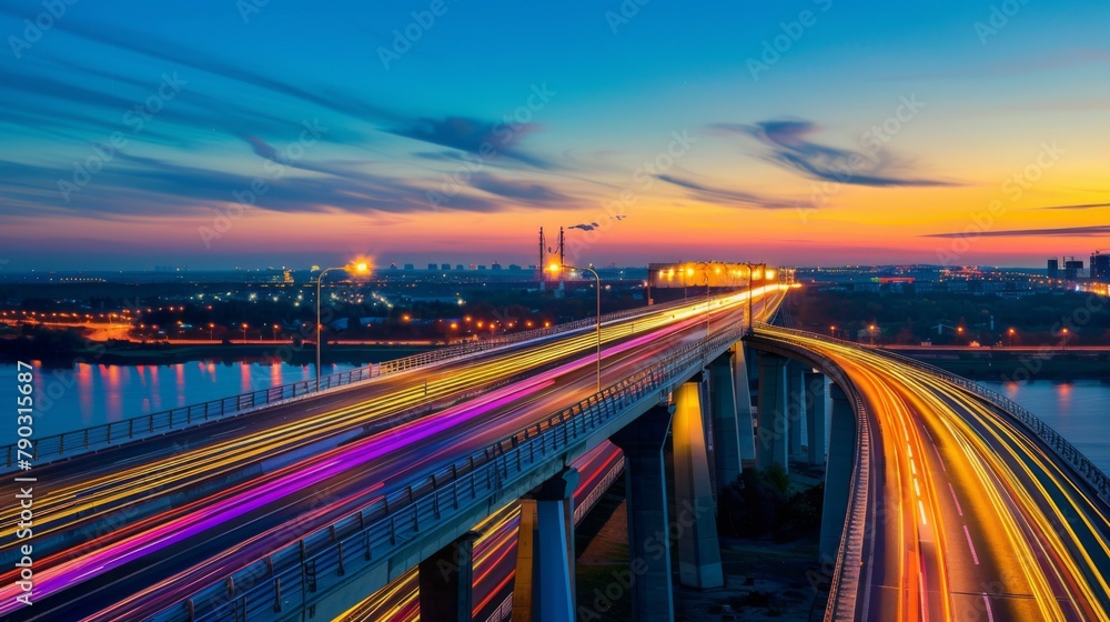 Poster bridge traffic: vehicles streak across a busy bridge, their lights creating a vibrant streak of move