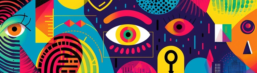 Artistic data privacy icons featuring abstract representations of shields, digital waves as barriers, and stylized eyes with privacy filters, vibrant colors on a simple canvas