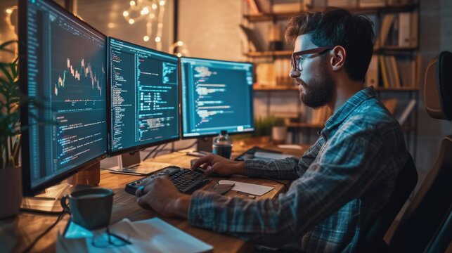 A software developer works on code late into the night, illuminated by the glow of multiple computer screens in a modern office. AIG41