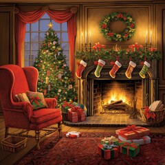 Fireside Comfort Card: A cosy fireplace with stockings hung and a warm, crackling fire symbolizes the comfort and togetherness of Christmas. Ai Generated