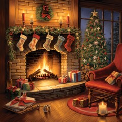 Fireside Comfort Card: A cosy fireplace with stockings hung and a warm, crackling fire symbolizes the comfort and togetherness of Christmas. Ai Generated
