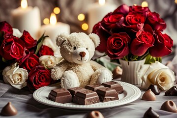 A teddy bear sits next to a plate of chocolate in a cozy setting, Chocolates, roses and teddy bear on a table setting, AI Generated