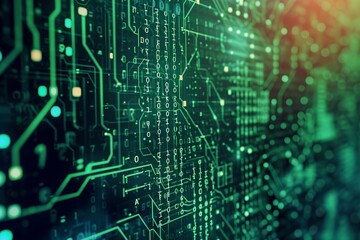 Obraz premium Close-Up of a Computer Circuit Board, Circuit board background with a layer of transparent binary code over it, AI Generated