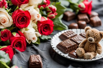 A teddy bear sits next to a plate of delicious chocolate, creating an adorable and tempting scene, Chocolates, roses and teddy bear on a table setting, AI Generated