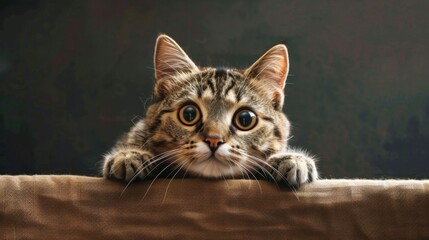 Curious cat: A fluffy tabby cat peers over the edge of a table, wide-eyed with curiosity, ready to explore.