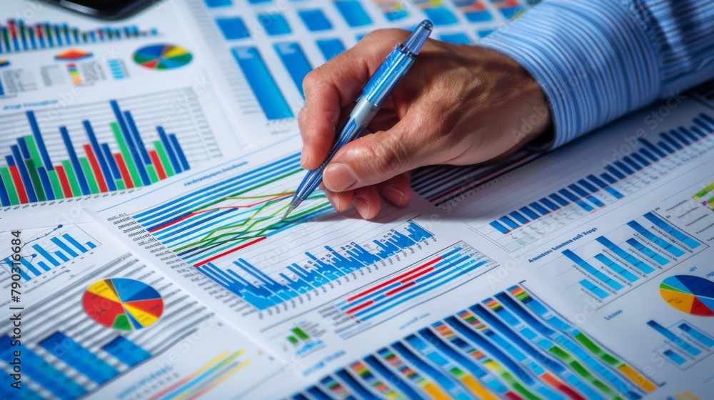 Poster data analysis: a business analyst examines intricate graphs and charts, extracting valuable insights