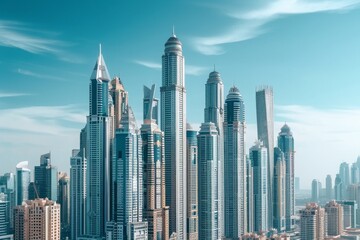 A photo capturing a bustling cityscape filled with numerous towering buildings, City skyline showcasing revolutionary skyscraper designs, AI Generated
