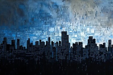 Cityscape Painting in Blue and Black, City skyline silhouette assembled entirely out of binary numbers, AI Generated