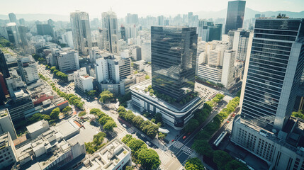 Aerial view of a commercial hub with bustling streets and office buildings, capturing the essence of a thriving business environment