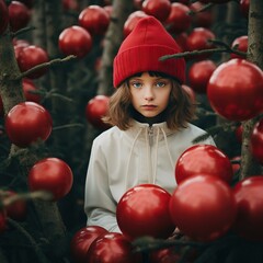 I need Girl in christmas tree forest with red nose, high angle portrait keywords to generate image in 10 sentence, Ai generated