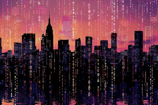 City Skyline With Floating Data, City skyline silhouette assembled entirely out of binary numbers, AI Generated