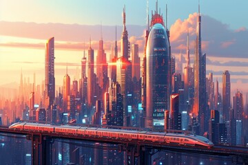 Futuristic City With a Train Crossing a Bridge, City skyline with futuristic skyscrapers and hi-tech monorails, AI Generated