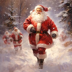 In a snowy wonderland, a jolly Santa Claus dashed through the white landscape, his red suit vibrant against the falling snowflakes. Ai Generated