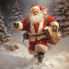 In a snowy wonderland, a jolly Santa Claus dashed through the white landscape, his red suit vibrant against the falling snowflakes. Ai Generated