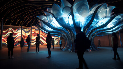 Art installation of interactive digital art, using technology to create beautiful patterns of light and sound, attracting viewers in a public space