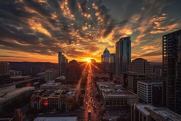 The photo captures the stunning moment when the sun is setting over a city, casting a warm glow on the tall buildings, City sunset over Austin's downtown area, AI Generated - Powered by Adobe
