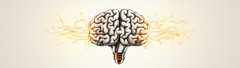 Brain with a light bulb growing out of it, symbol of ideas, white background, top view, schematic style