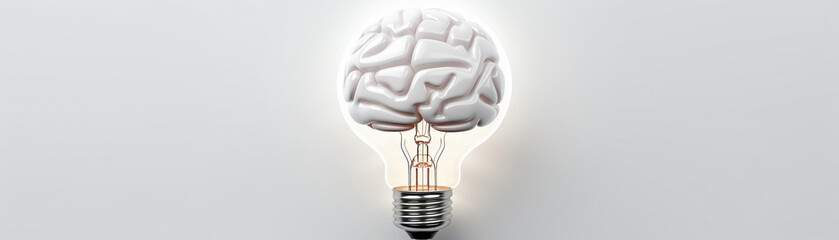 Brain with a light bulb growing out of it, symbol of ideas, white background, top view, schematic style - obrazy, fototapety, plakaty