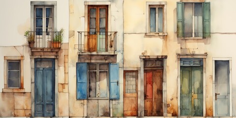 Watercolor draw paint ink front side of house with windows and doors background scene view