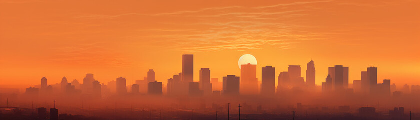 City skyline at sunset, buildings outlined against a glowing orange sky, urban beauty merging with the end of day light
