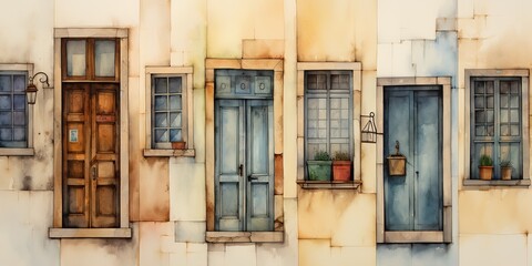 Watercolor draw paint ink front side of house with windows and doors background scene view
