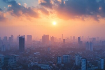 Fototapeta premium The sun sets, casting a warm glow over a city as tall buildings create a striking silhouette against the colorful sky, Cityscape horizon blended with infrastructure under construction, AI Generated