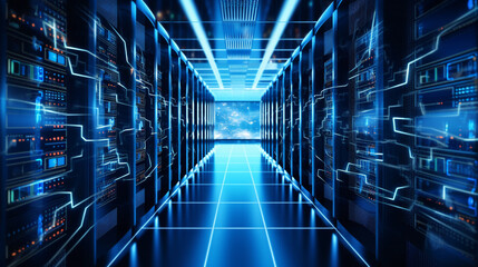 Closeup of a network server room with rows of modern equipment, blinking lights and cables, emphasizing data management - obrazy, fototapety, plakaty