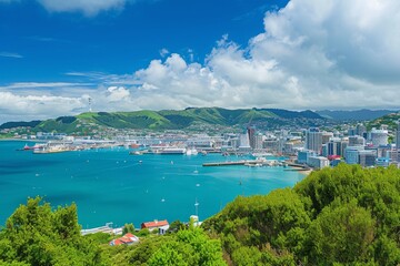 A cityscape featuring buildings and infrastructure along with a body of water in the foreground, Cityscape of Wellington with harbor in the picture, AI Generated - obrazy, fototapety, plakaty