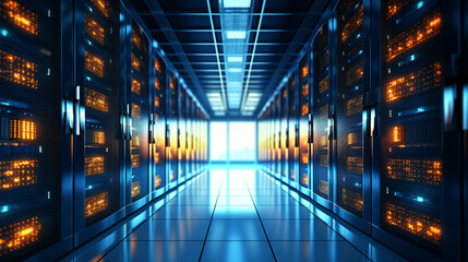 Closeup of a network server room with rows of modern equipment, blinking lights and cables, emphasizing data management - obrazy, fototapety, plakaty