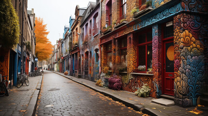 Fototapeta premium Les façades des bâtiments sont ornées de graffitis colorés, rue originale, insolite.