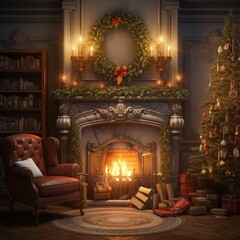 Incorporate a cozy fireplace nearby, complete with stockings hanging from the mantel. Ai generated